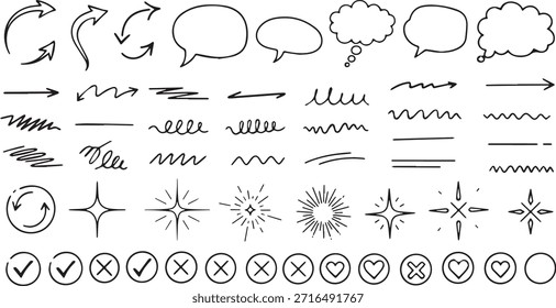 A variety of hand-drawn doodle elements including arrows, speech bubbles, lines, stars, checkmarks, crosses, and hearts.