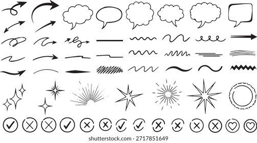 Eine Vielzahl handgezeichneter Doodle-Elemente, einschließlich Pfeile, Sprechblasen, Linien, Sterne, Markierungen und Kreuze.