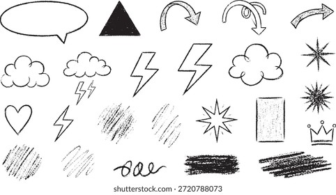 Uma variedade de elementos de rabiscar desenhados à mão, incluindo nuvens, raios, setas, corações e formas abstratas.