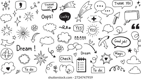 Uma variedade de elementos de rabiscar desenhados à mão, incluindo estrelas, nuvens, balões de fala e texto motivacional como 'Dream' e 'Good job'.