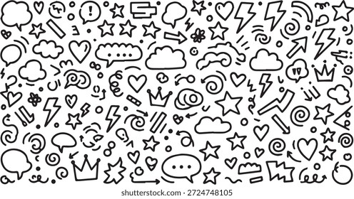 A variety of hand-drawn doodle elements including hearts stars clouds lightning bolts and speech bubbles