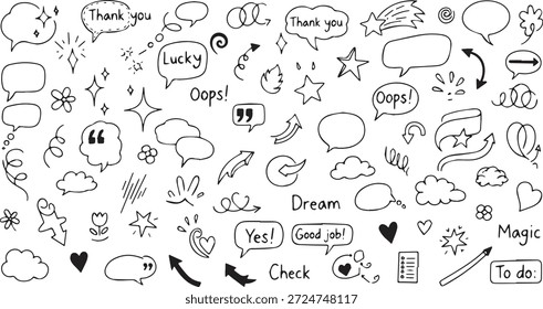 Uma variedade de elementos de rabiscos desenhados à mão, incluindo balões de fala, estrelas, nuvens, corações e texto como 'Thank you', 'Lucky', 'Oops', 'Yes', 'Good job', 'Dream', 'Magic', 'To do', e 'Check'.