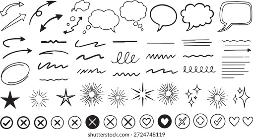Uma variedade de elementos de rabiscar desenhados à mão, incluindo setas, balões de fala, linhas, estrelas e marcas de seleção, perfeito para destaques de design.