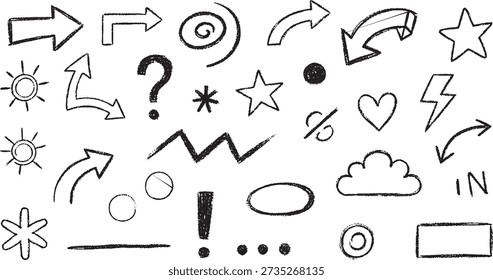A variety of hand-drawn doodle elements including arrows, stars, hearts, question marks, and clouds, perfect for graphic design.