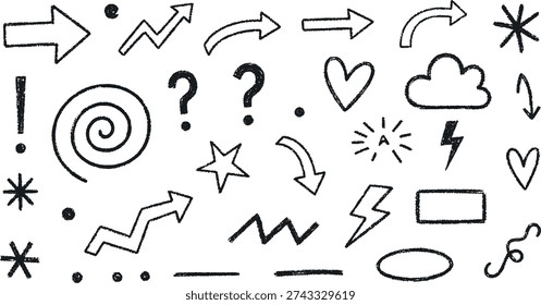 A variety of hand-drawn doodle elements including arrows, hearts, question marks, stars, and lightning bolts on a white background.
