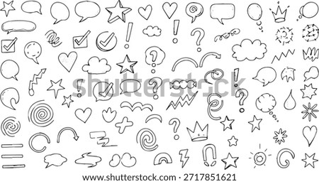 A variety of hand-drawn doodle elements including speech bubbles, stars, hearts, question marks, exclamation points, clouds, and more, perfect for creative designs.