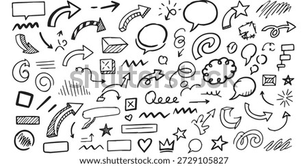 A variety of hand-drawn doodle elements including arrows, speech bubbles, stars, and geometric shapes, all in a sketchy black and white style.