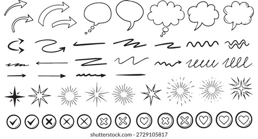 Eine Vielzahl von handgezeichneten Doodle-Elementen wie Pfeile, Sprechblasen, Sterne und Markierungen, die in einem sauberen, schwarz-weißen Kunststil präsentiert werden.