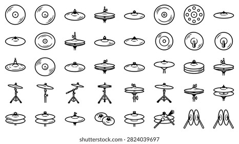 A variety of hand-drawn drum cymbals and stands are depicted in a grid layout.