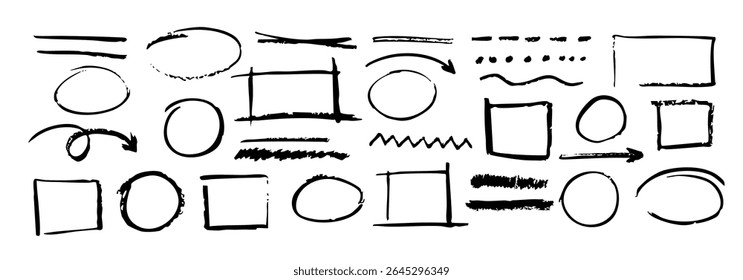 A variety of hand-drawn elements, including circles, arrows, frames, and lines, for creative use.