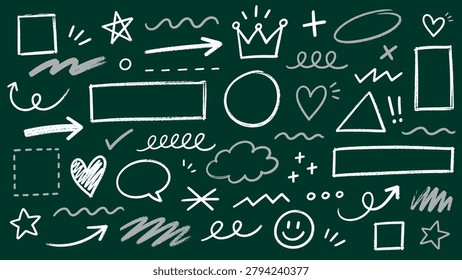 A variety of hand-drawn elements like arrows, shapes, hearts, stars, and speech bubbles in white and gray chalk on a blackboard surface