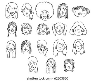 A variety of hand-drawn female heads / faces - VECTOR