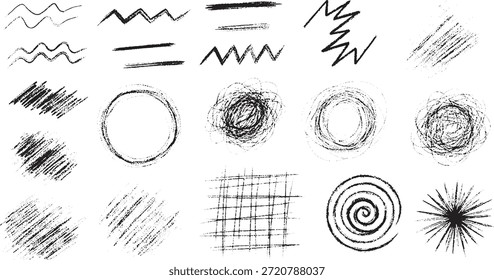 A variety of hand-drawn graphic elements including scribbles, circles, lines, and starbursts in black ink on a white background.