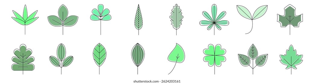 Variety of Hand-Drawn Green Leaf Icons Set

