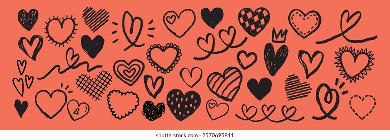 A variety of hand-drawn hearts on an orange background. Hearts with different patterns, styles, and sizes. Creative heart designs, playful heart doodles. Cute hand drawn Valentine's Day vector set.