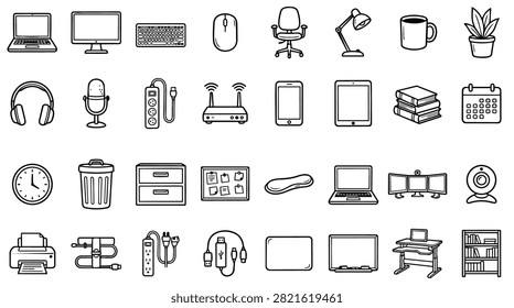 A variety of hand-drawn icons representing office supplies and technology equipment for work and home.