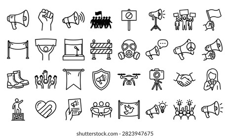 A variety of hand-drawn icons representing protests, demonstrations, and social movements, including megaphones, banners, and symbols of unity.