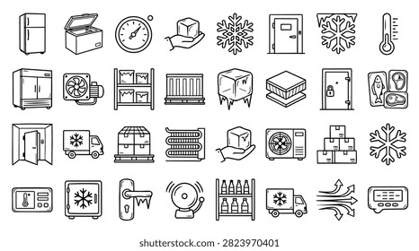 A variety of hand-drawn icons representing refrigeration, cooling, and freezing equipment and concepts.