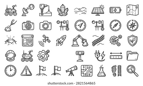A variety of hand-drawn icons representing space exploration, including rovers, rockets, satellites, and scientific equipment.