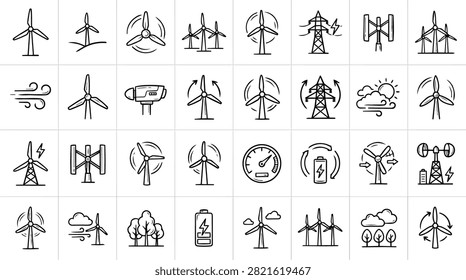 A variety of hand-drawn icons representing wind turbines, wind power, and electricity generation for sustainable energy concepts.
