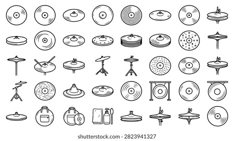 A variety of hand-drawn illustrations depicting different types of cymbals and drum hardware.
