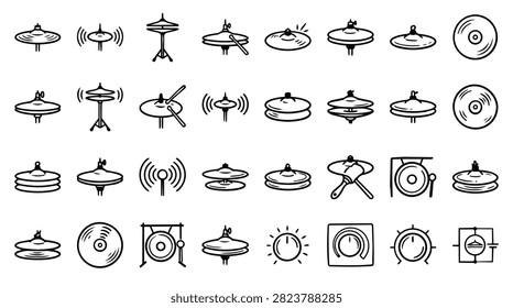 A variety of hand-drawn illustrations of drum cymbals, gongs, and other percussion elements.