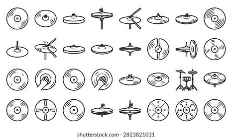 A variety of hand-drawn illustrations of drum cymbals and percussion elements, presented in a grid layout.