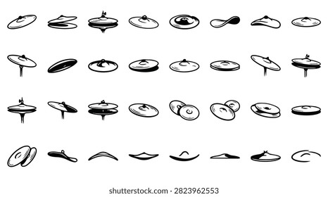 A variety of hand-drawn illustrations of drum cymbals and other percussion instruments in different styles and arrangements.