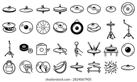 A variety of hand-drawn illustrations of drum cymbals, gongs, and related percussion accessories.