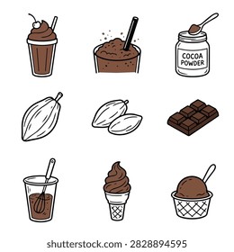 A variety of hand-drawn illustrations featuring cocoa powder, chocolate bars, ice cream, and drinks