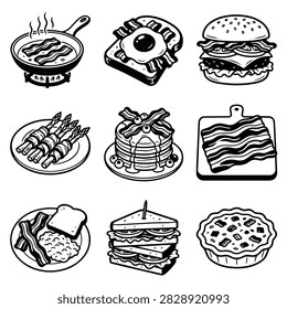 A variety of hand-drawn illustrations featuring popular breakfast and lunch items like bacon, eggs, pancakes, burgers, sandwiches, and pie.