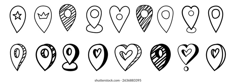 A variety of hand-drawn map markers display distinctive designs, featuring stars, crowns, and hearts. These artistic icons illustrate different emotions and themes, ideal for digital projects.