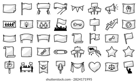 A variety of hand-drawn protest signs banners and flags are displayed in a collage