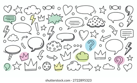 A variety of hand-drawn speech bubbles, clouds, stars, hearts, crowns, lightning bolts, and question marks in a doodle style.