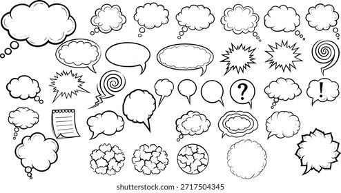 Uma variedade de bolhas de fala desenhadas à mão, nuvens de pensamento e efeitos sonoros de quadrinhos em preto e branco. Perfeito para design e ilustração.