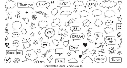 Uma variedade de bolhas de fala desenhadas à mão, nuvens de pensamento, estrelas, corações e elementos de texto como 'Obrigado', 'Sorte', 'Oops', 'Sonho', 'Bom trabalho', 'Magia' e 'Fazer'.