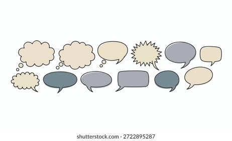 Uma variedade de balões de fala e pensamento desenhados à mão, alguns redondos, alguns como nuvens, em cores suaves.