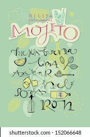 A variety of hand-drawn text and illustrations to compose the Mojito cocktail recipe. Vector file. Background elements in separate layers.