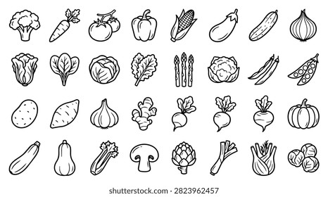 A variety of hand-drawn vegetable icons are displayed in a grid pattern on a clean white background.