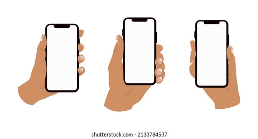 Variety of hands holding smartphones with empty screen . Modern vector illustration of hands holding cell phones with a plain screen. Web, App design infographics. Hand drawn flat isolated elements. 
