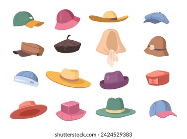 Variety of hats and caps for summer and spring. Vector flat cartoon, isolated collection of headgear for men and women. Modern and vintage retro models for boys and girls, stylish accessories