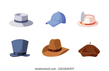 Variedad De Sombreros En Diferentes Colores Y Estilos, Incluyendo Gorro De Béisbol, Sombrero Retro Superior Y Fedora. Colección Gráfica De Sombreros Para Diversos Propósitos Y Estilos De Moda. Ilustración del vector de dibujos animados