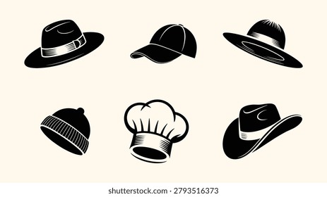 Variety of hats including fedora baseball chef cowboy beanie stylish headwear collection.