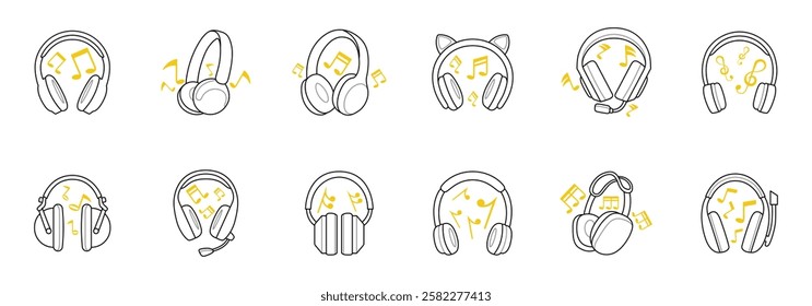 variety of headphone designs, each accompanied by musical notes, illustrating diverse styles for listening to music.