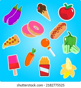 variety of healthy and unhealthy foods. Perfect for children's activity books.