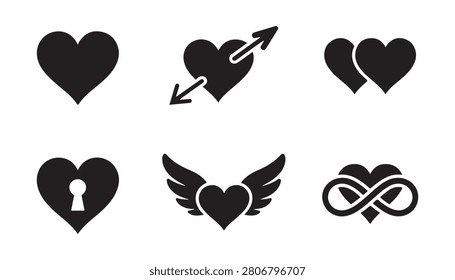 Variety of heart graphics symbolizing love, connection, and eternity. Elegant heart icons in a unified visual style.
