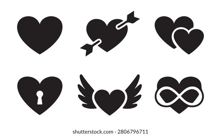 Variety of heart graphics symbolizing love, connection, and eternity. Elegant heart icons in a unified visual style.