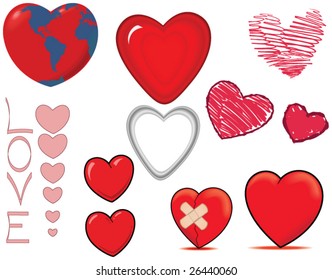 A variety of hearts - simple, realistic, shiny and sketchy - each is isolated on white.