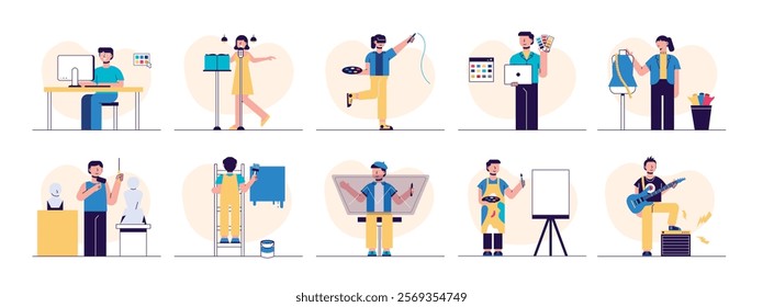 A variety of highly creative art studio activities, male and female. Character design. Vector flat illustration