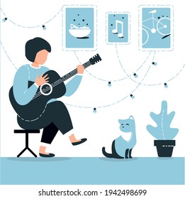 A variety of hobbies for the girl. Guitar playing, music, cooking, animals, cycling